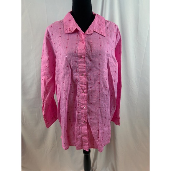 100% Linen Pink Button Down Shirt Sequins Polka Dots Long Sleeve Casual Top - Picture 10 of 11